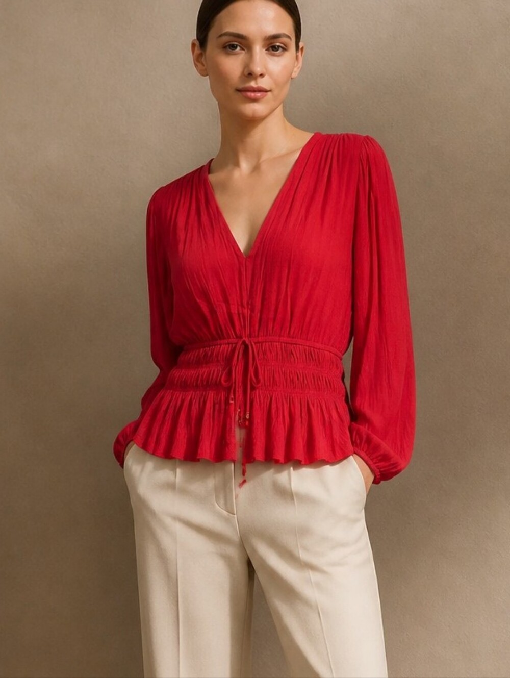 White House Black Market Red V-Neck Smocked Waist Blouse